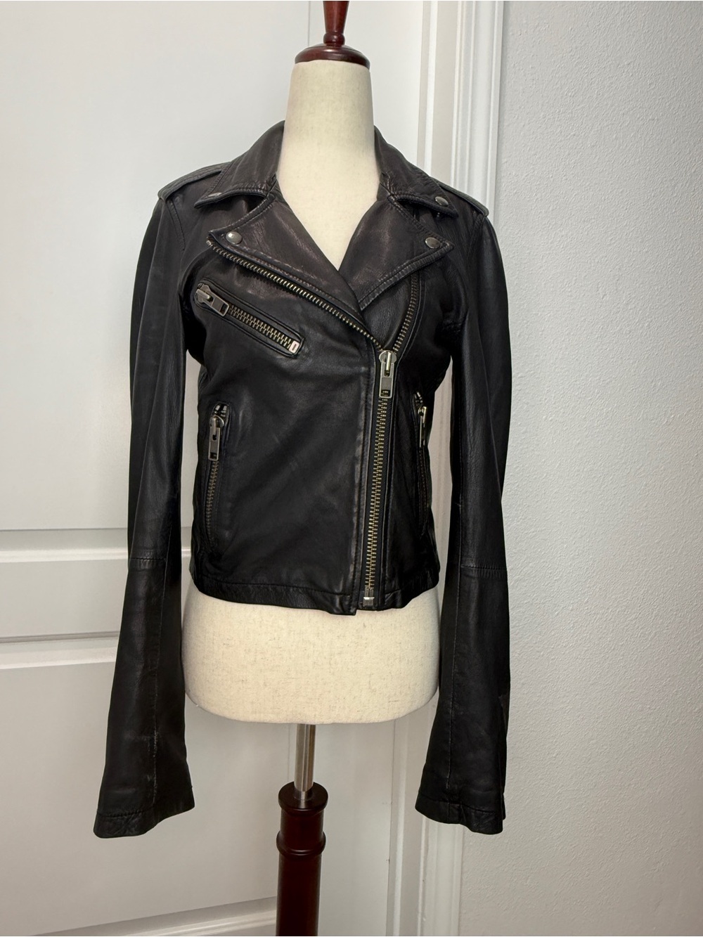 Topshop Black Asymmetrical Leather Biker Jacket size 6